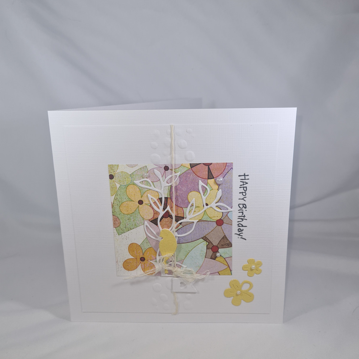 Handmade Happy Birthday Card With Colourful Flowers and Bird