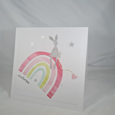 Handmade Just for You Card with Bunny Sitting on Rainbow